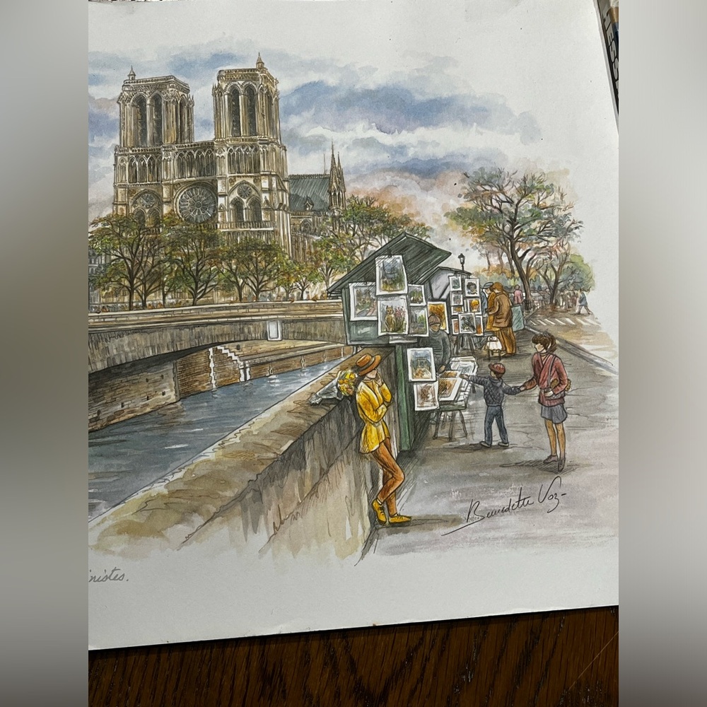 Pair Of Bernadette Voz Signed Paris Art Print 16”x12”